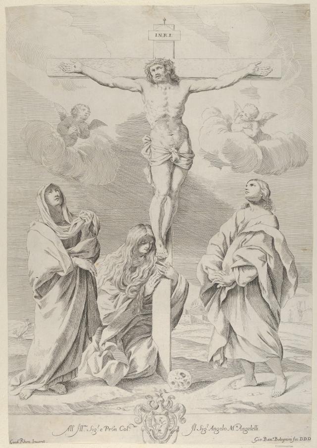 Christ on the cross, Saint John the Baptist at right, Mary Magdelene and the Virgin at left, after Reni by Gian Battista Bolognini